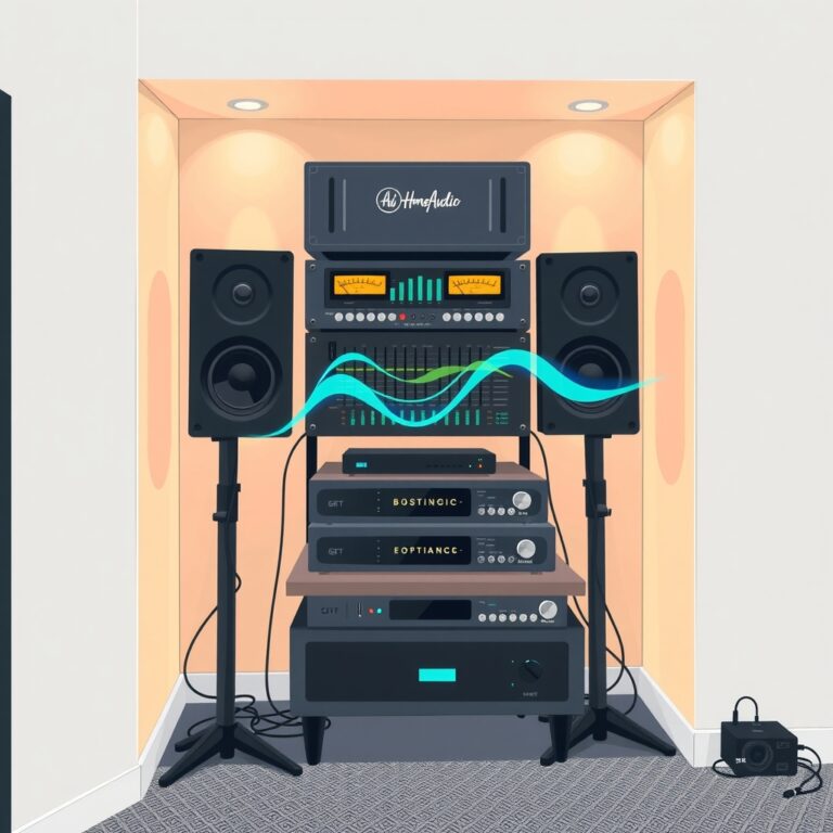 graphic equalizer — Home audio equipment with speakers and equalizer rack in professional studio setting with sound wave visualizations.