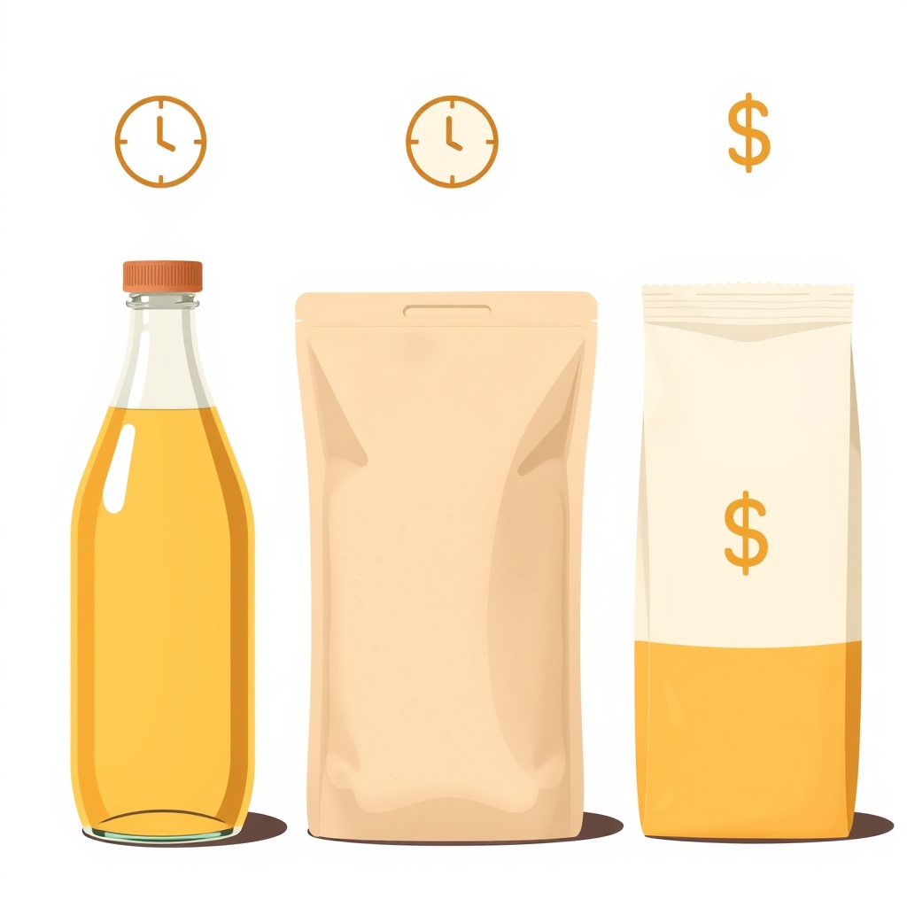 grass fed bone broth — Three bone broth product formats—liquid bottle, powder packet, and ready-to-drink pouch—displayed with subtle convenience, retention, and value indicators.