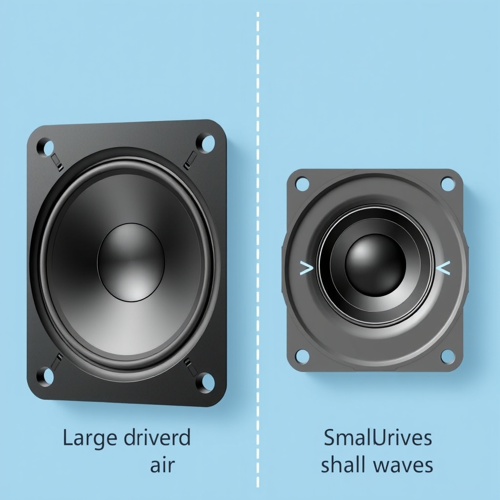 headphones vs speakers — Cross-section comparison of large vs small speaker drivers showing different air-movement patterns.