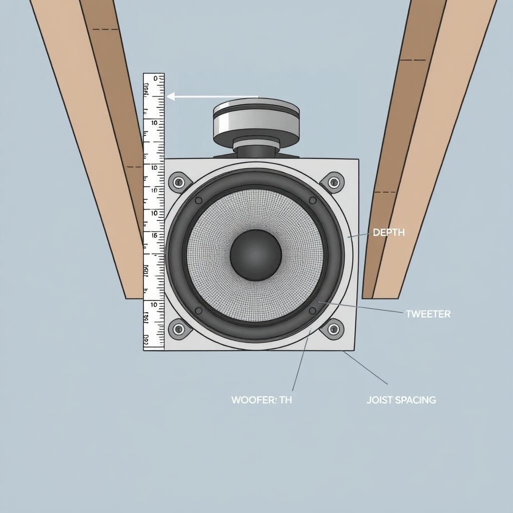 height speakers — Cross-section diagram showing in-ceiling speaker mounting depth and joist spacing requirements.