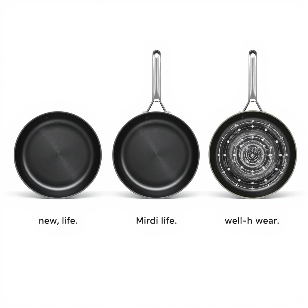 HexClad cookware review — Three pans showing coating degradation from new to 100+ uses