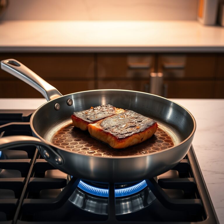HexClad vs other hybrid cookware — HexClad hybrid skillet with visible hexagonal pattern searing a steak on stovetop
