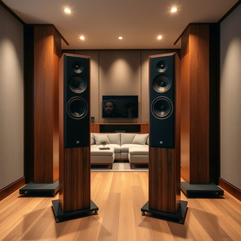 hi-fi speakers — Floor-standing speakers in a dedicated listening room with acoustic treatment and comfortable seating.