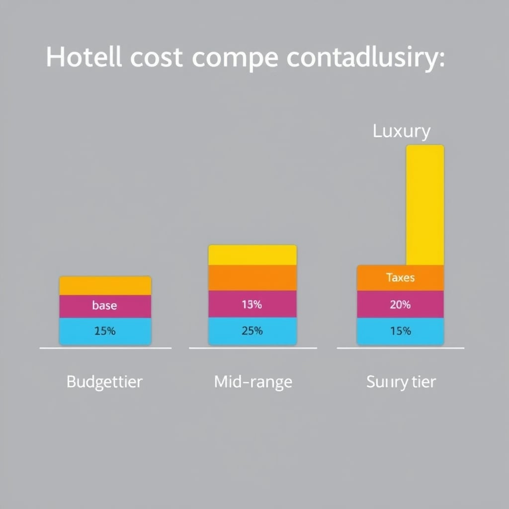 hidden hotel fees — Three stacked bar charts showing budget, mid-range, and luxury hotel total costs broken down by base rate, resort fees, taxes, and service charges.
