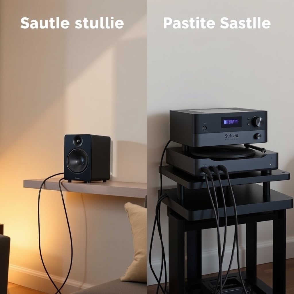 home audio amplifier setup — Side-by-side comparison of active speaker setup versus passive speaker with amplifier setup showing cable and component differences.