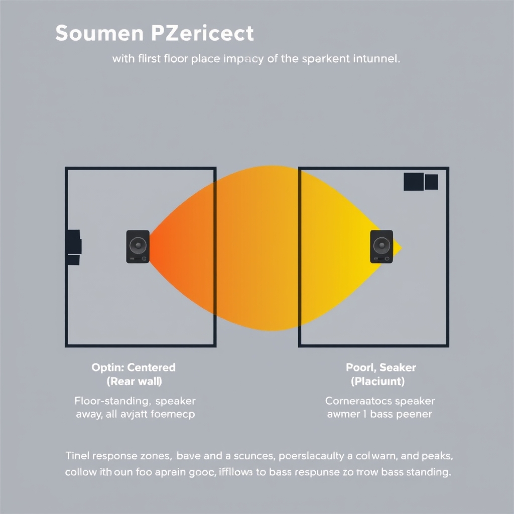 home audio speakers — Room placement comparison showing optimal vs. poor speaker positioning and resulting bass response patterns.