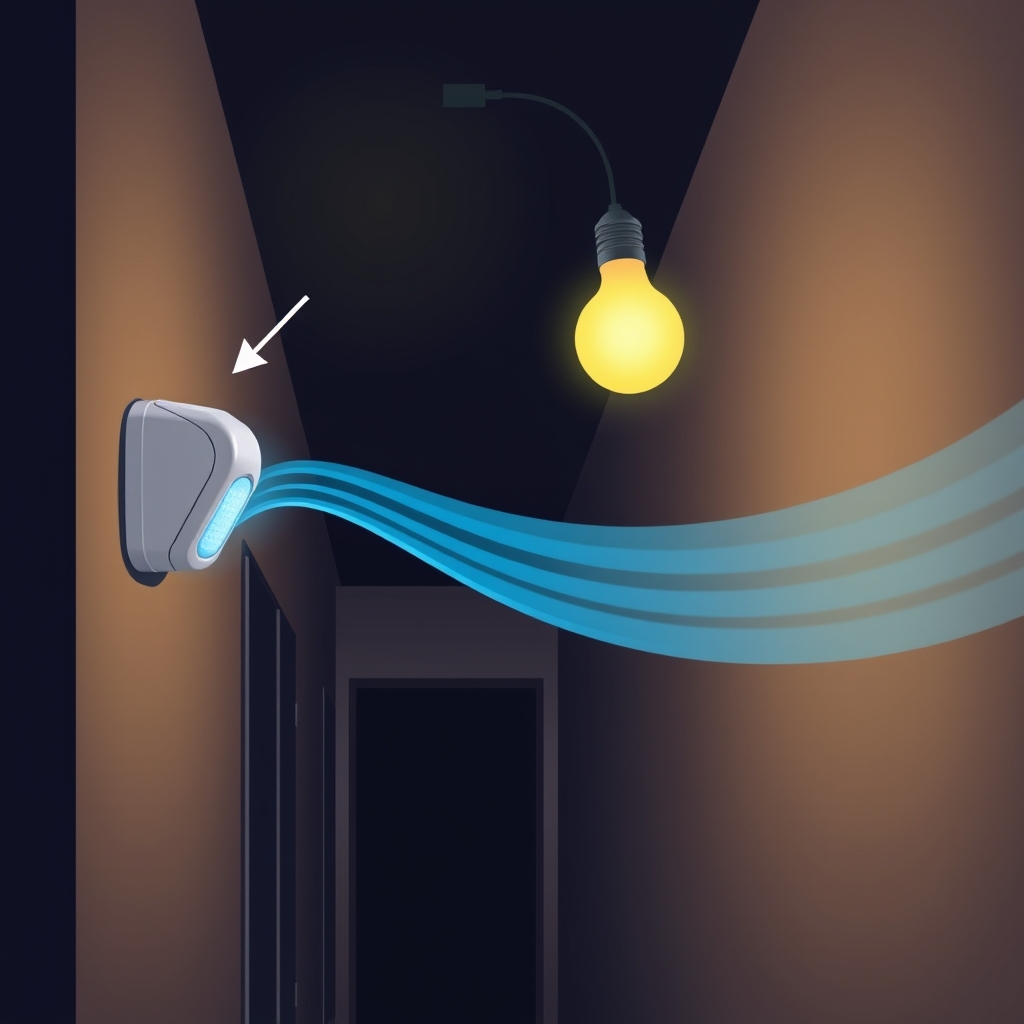 home automation beginners — Motion sensor triggering smart light activation in hallway, showing trigger-action automation with visual waves.
