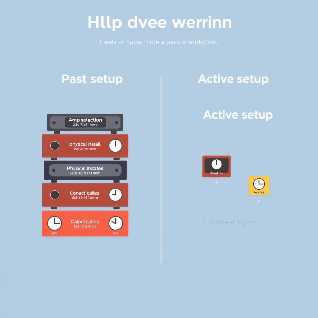 home speaker setup guide — Visual timeline comparing passive speaker setup steps versus active speaker setup, emphasizing time investment difference.