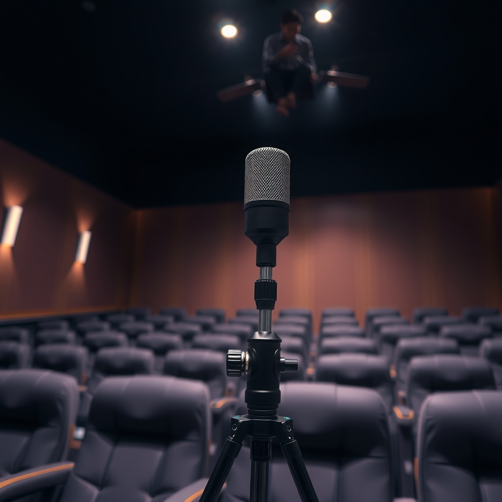 home theater calibration — Calibration microphone properly mounted on tripod at ear height in listening position.
