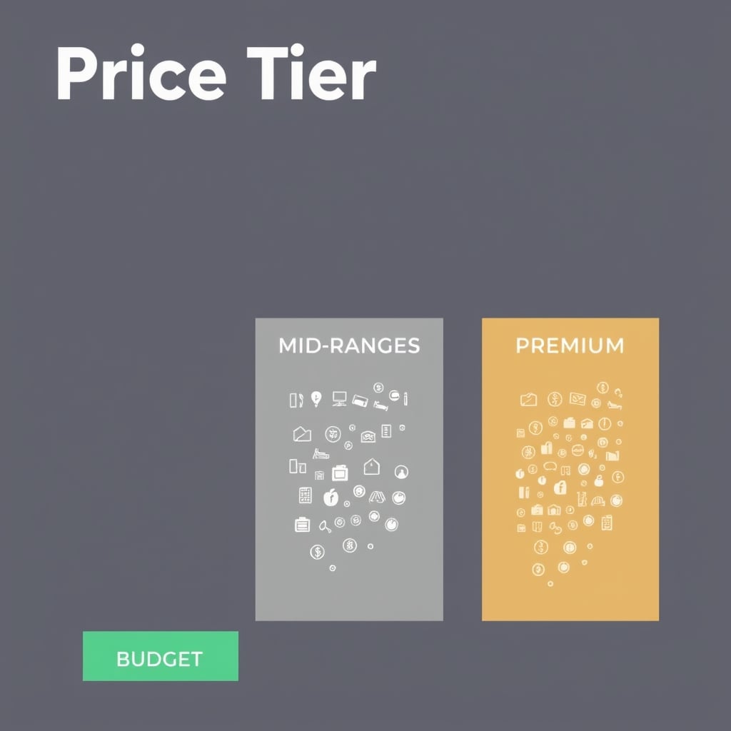 home theater soundbar — Three vertical cards representing budget, mid-range, and premium price tiers with icon density increasing upward.