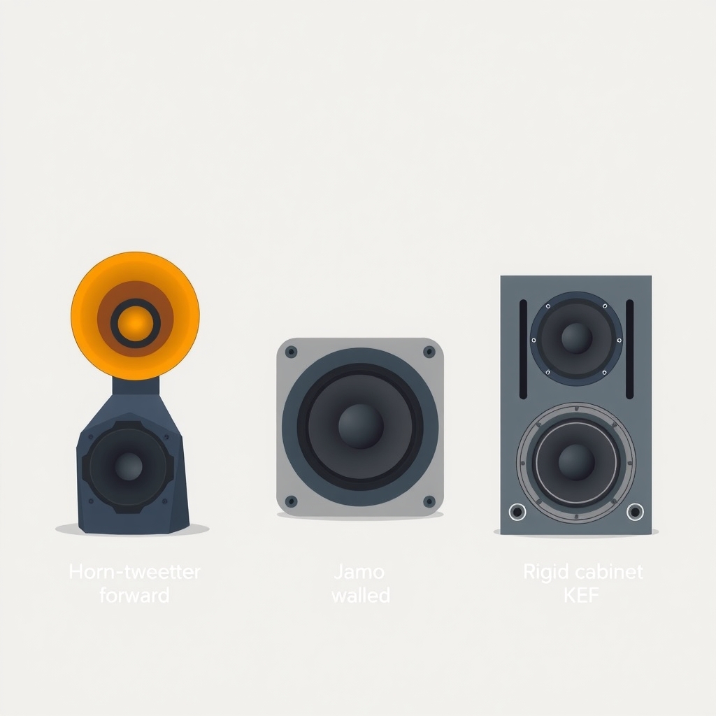 home theater surround — Three satellite speaker designs shown in relative scale: compact horn tweeter, neutral dome tweeter, and larger rigid cabinet.