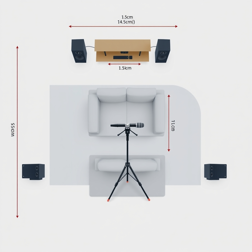 home theater tuning guide — Overhead floor plan showing speaker positions, listening zone, and microphone placement with distance measurements.