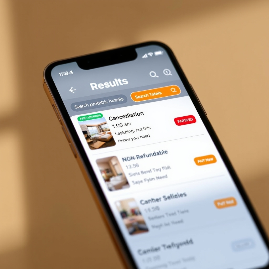 hotel booking comparison — Mobile app screenshot showing three hotel listings with color-coded cancellation policy badges: green, red, and orange.