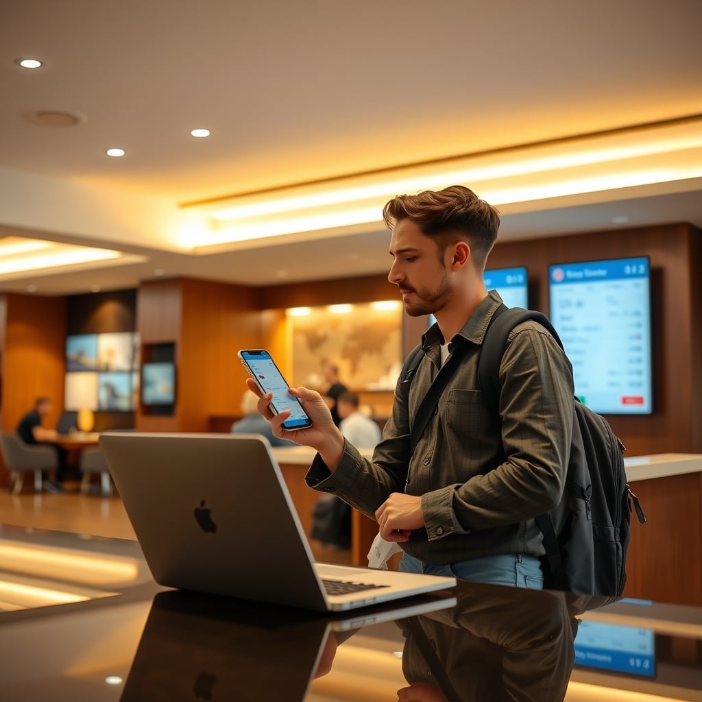 hotel booking comparison — Traveler using a hotel booking app on smartphone in a modern lobby with laptop and price comparison displays visible.