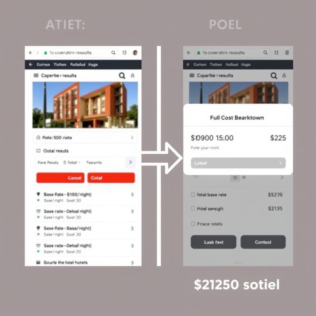 hotel hidden fees — Side-by-side comparison of hotel search result showing $150/night base rate versus checkout page showing $205 total cost.