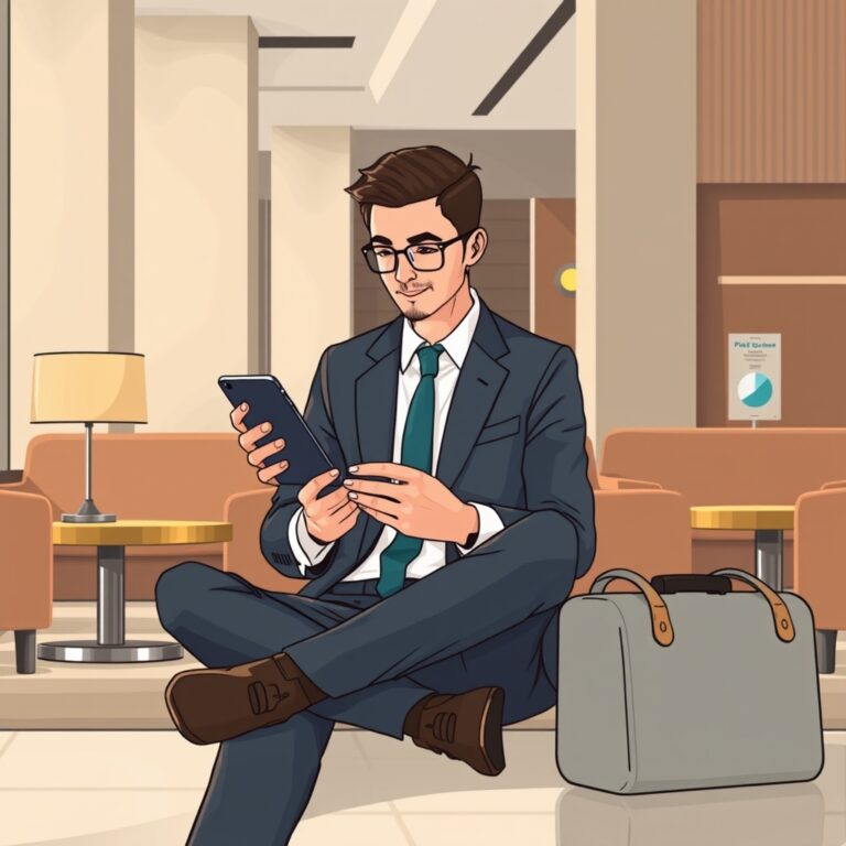 hotel loyalty programs — Business traveler reviewing hotel loyalty program on smartphone in modern lobby setting.