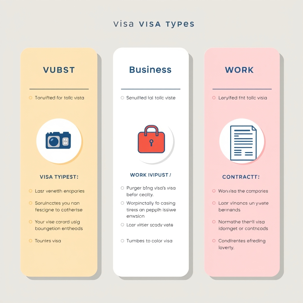 how long passport valid for travel — Three vertical cards comparing tourist visa, business visa, and work visa types with distinguishing icons and visual markers.
