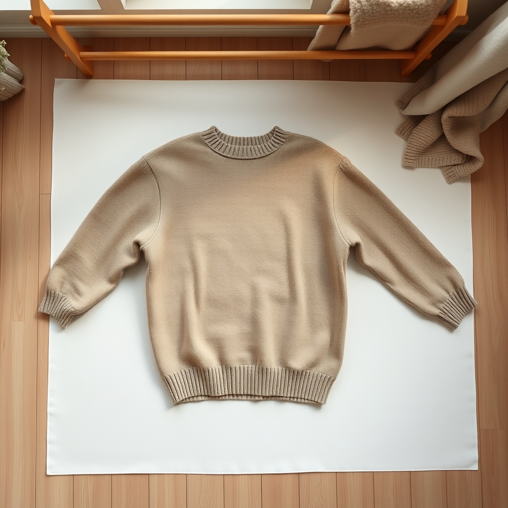 how to care for wool — Wool sweater laid flat on blocking mat, properly reshaped and positioned for drying