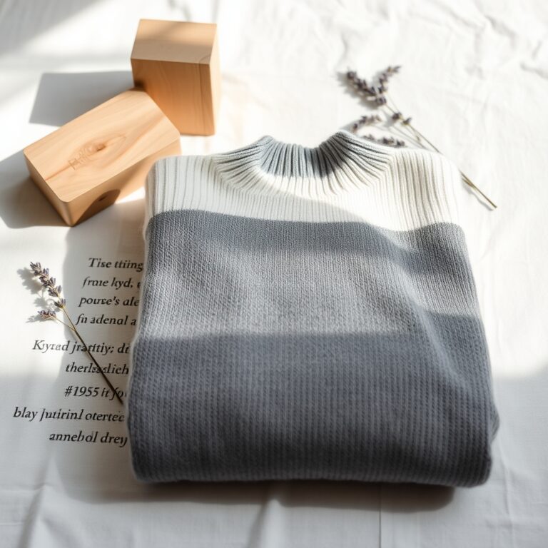 how to care for wool — Folded wool sweater on white cloth with cedar block and dried lavender, soft natural lighting