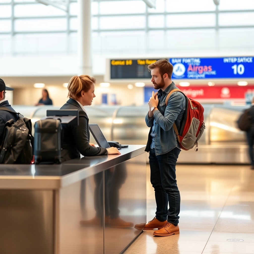 how to claim baggage loss — Traveler filing a baggage claim at an airline counter inside an airport baggage office.