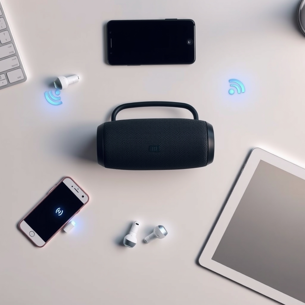 how to connect speakers — Overhead view of portable speaker with smartphone, tablet, and earbuds showing wireless connectivity between devices.