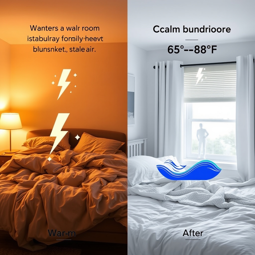 how to improve sleep quality — Split-screen bedroom comparison showing warm cluttered room versus cool minimalist room, illustrating optimal temperature and environment for sleep architecture.