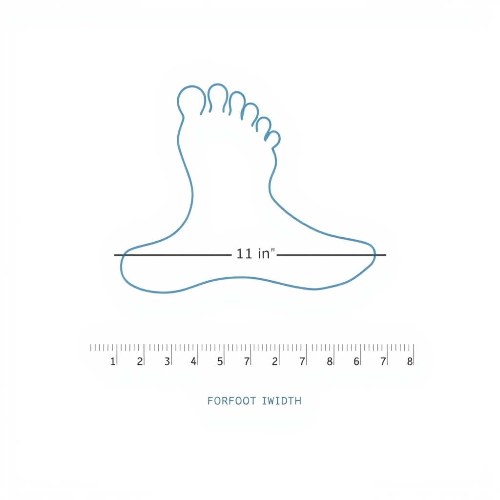 how to measure shoe width — Diagram showing foot outline with measurement line across the ball of the foot and ruler indicating width in inches.