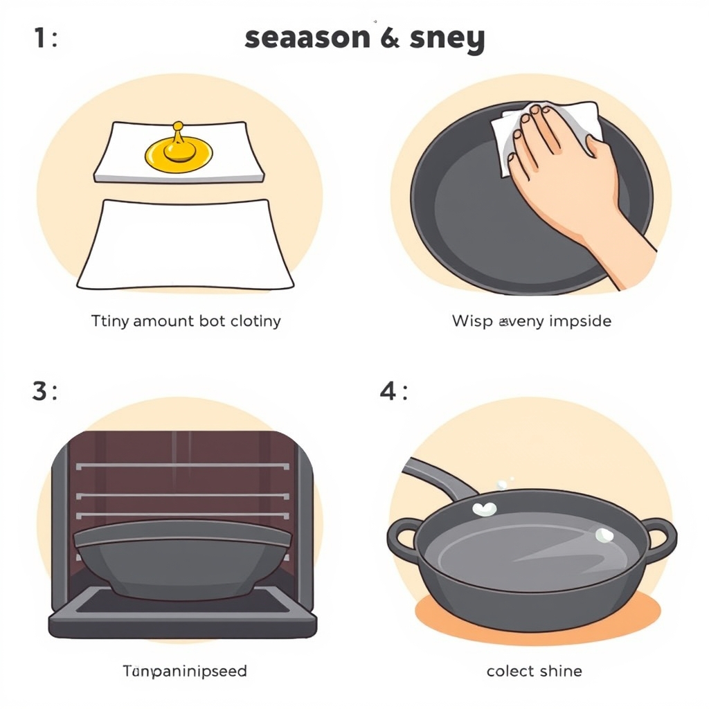 how to season cast iron — Five-step visual sequence of cast iron seasoning process from oiling through oven baking.