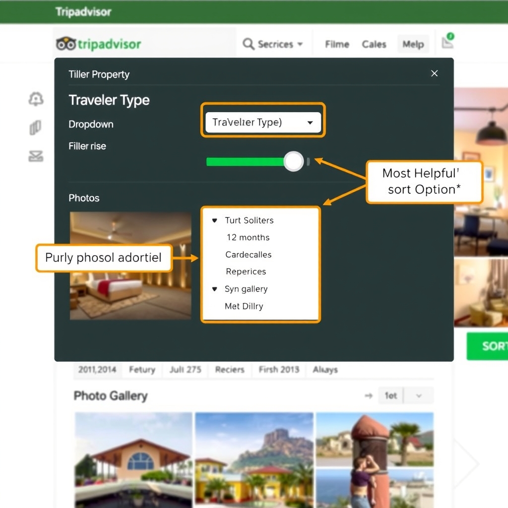 how to use Tripadvisor — Tripadvisor hotel review page showing filter options for traveler type, date range, and helpful sorting with photo gallery.
