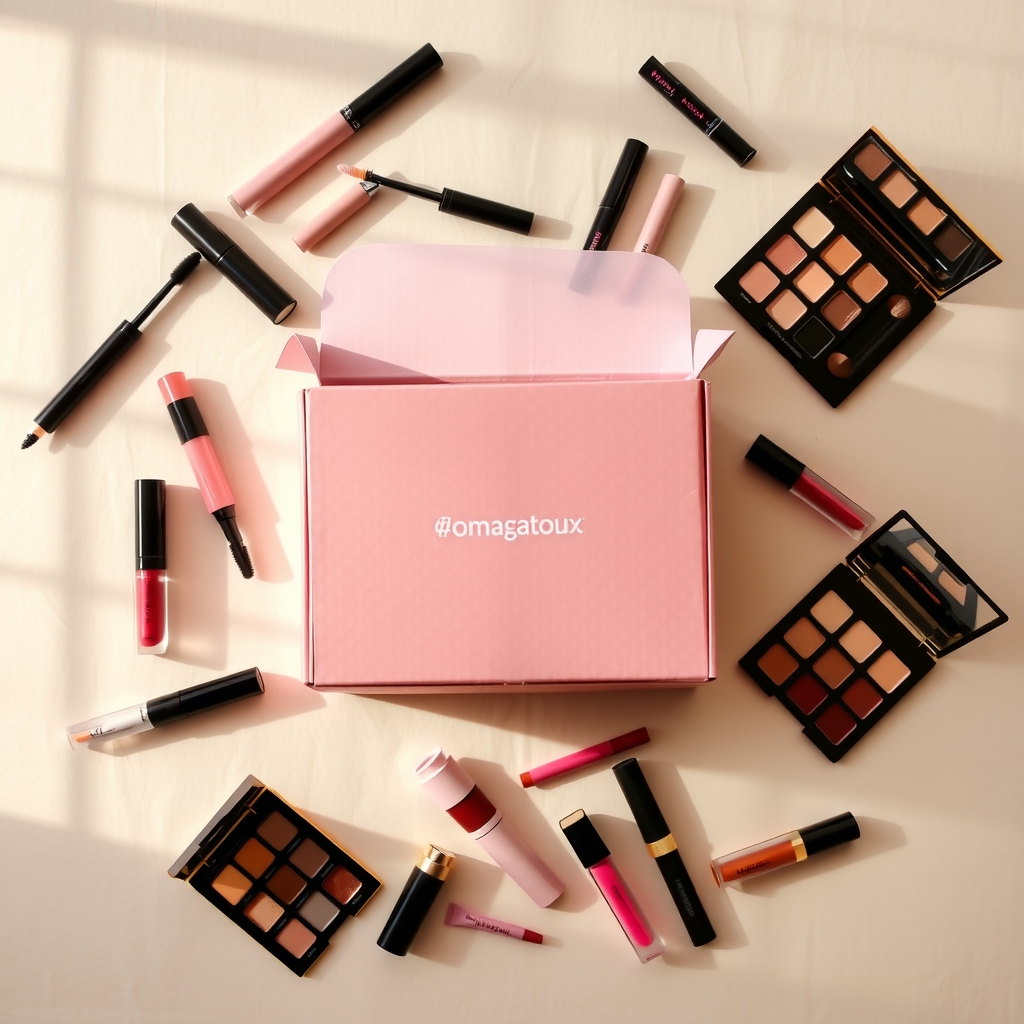 Ipsy review — Overhead view of an open beauty subscription box with full-size makeup products displayed around it on a neutral surface.