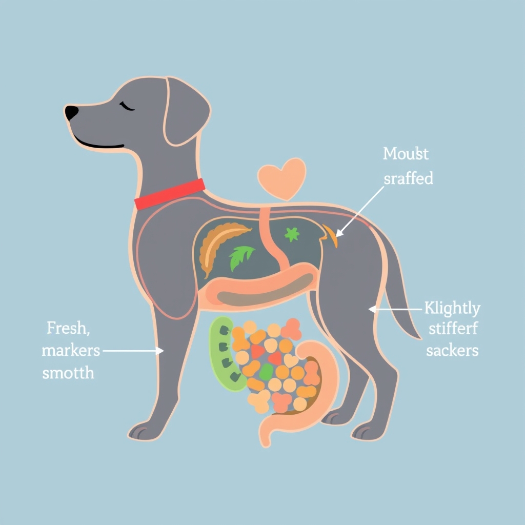 is fresh dog food better — Stylized diagram of dog digestive tract showing fresh food versus kibble processing differences