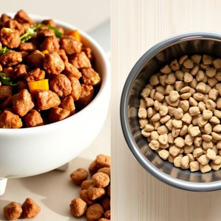 is fresh dog food better — Split-screen comparison of fresh dog food and kibble in bowls side by side