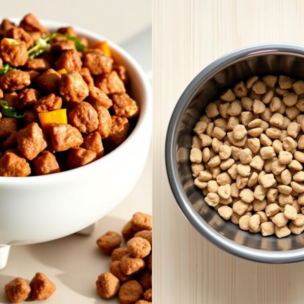 is fresh dog food better — Split-screen comparison of fresh dog food and kibble in bowls side by side