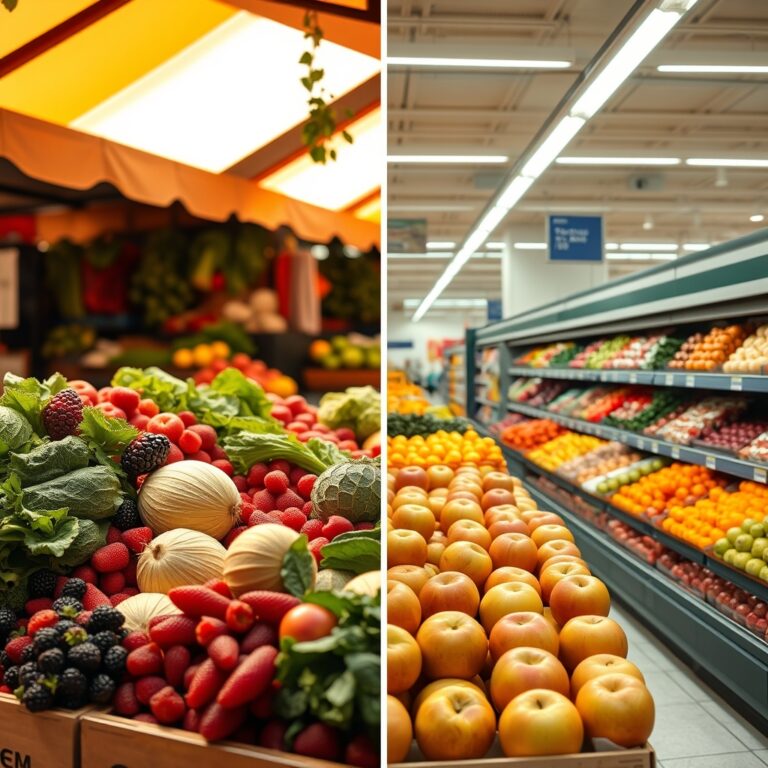 is organic worth it — Side-by-side view of organic farmer's market produce versus conventional supermarket produce displays.