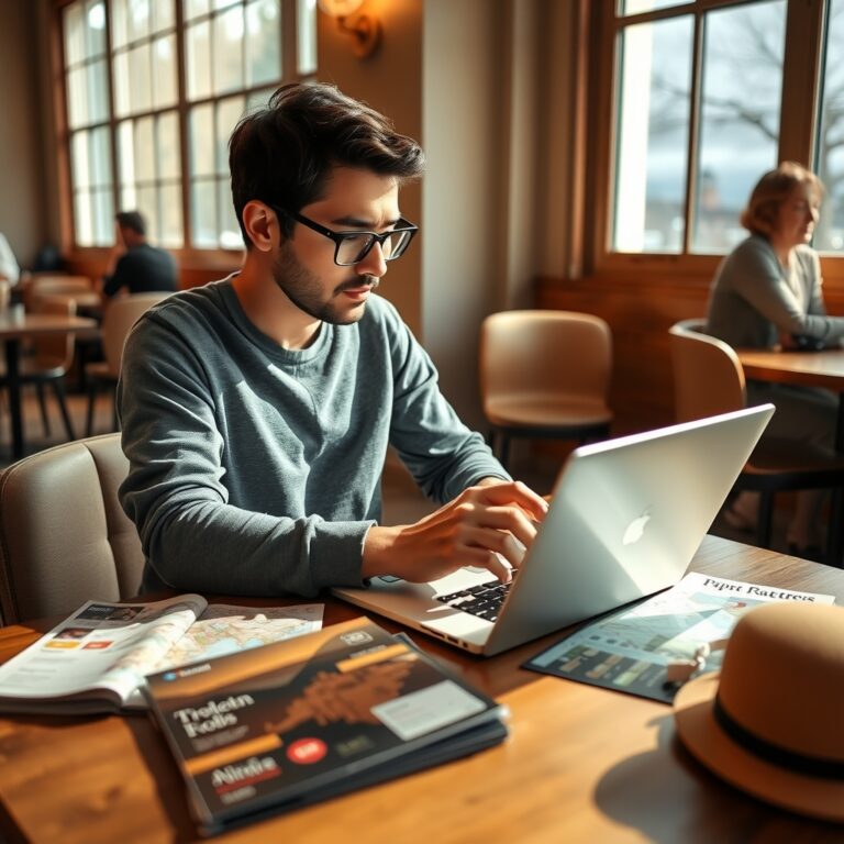 is Tripadvisor accurate — Traveler researching hotel reviews on laptop while planning a trip, sitting at a café table with maps and travel materials nearby.