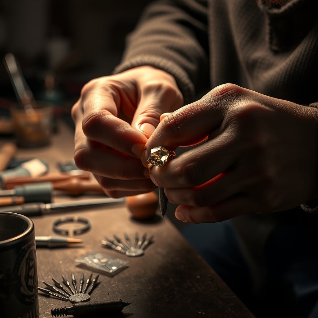 Jane Win quality — Jeweler's hands polishing a handmade gold ring at a workbench with tools and gemstones visible.