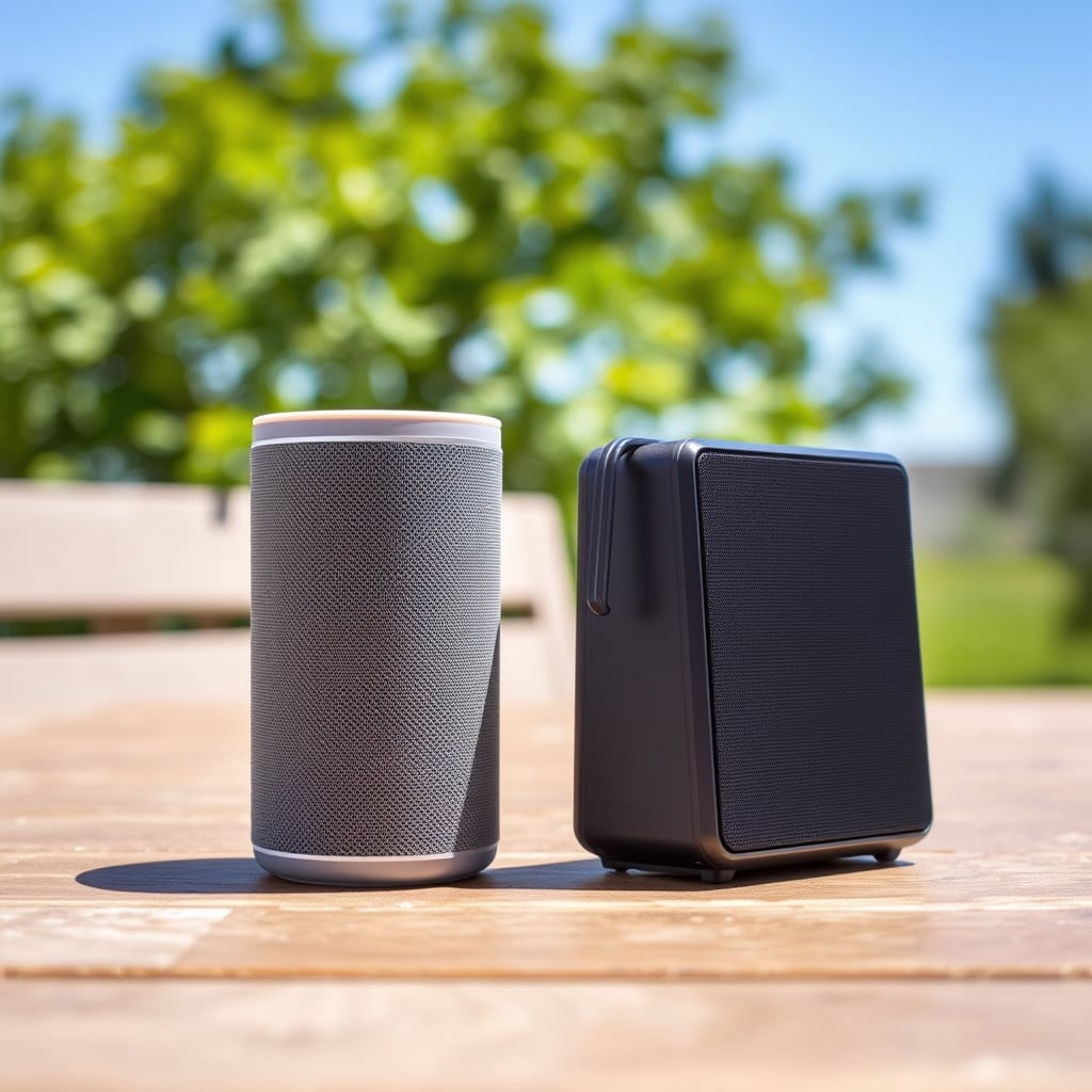 JBL Flip 6 vs Anker Soundcore — Two portable Bluetooth speakers displayed outdoors on a wooden surface, showing size and design differences.