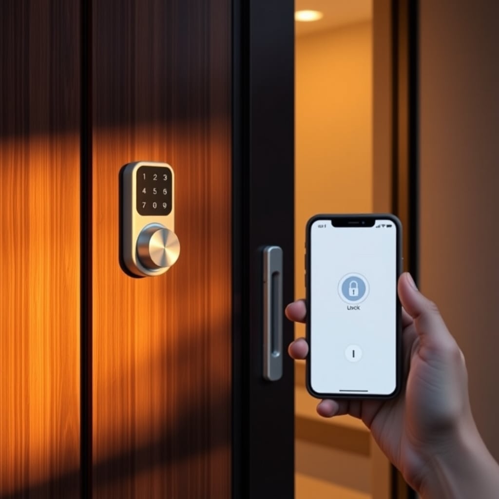 keyless entry lock — Front door with smart lock installation and smartphone app interface shown side-by-side.