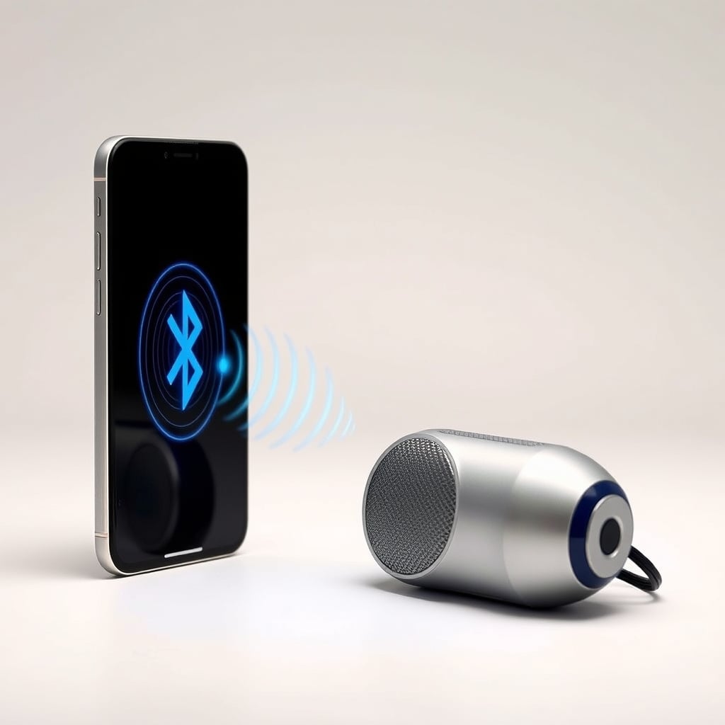 LDAC audio — Smartphone and Bluetooth speaker with wireless signal waves between them.
