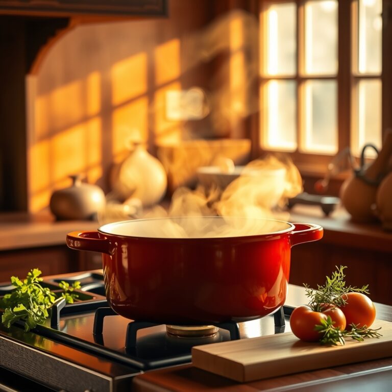 le creuset alternative — Enameled cast iron Dutch oven on stovetop with steam rising, surrounded by cooking ingredients in warm kitchen lighting.