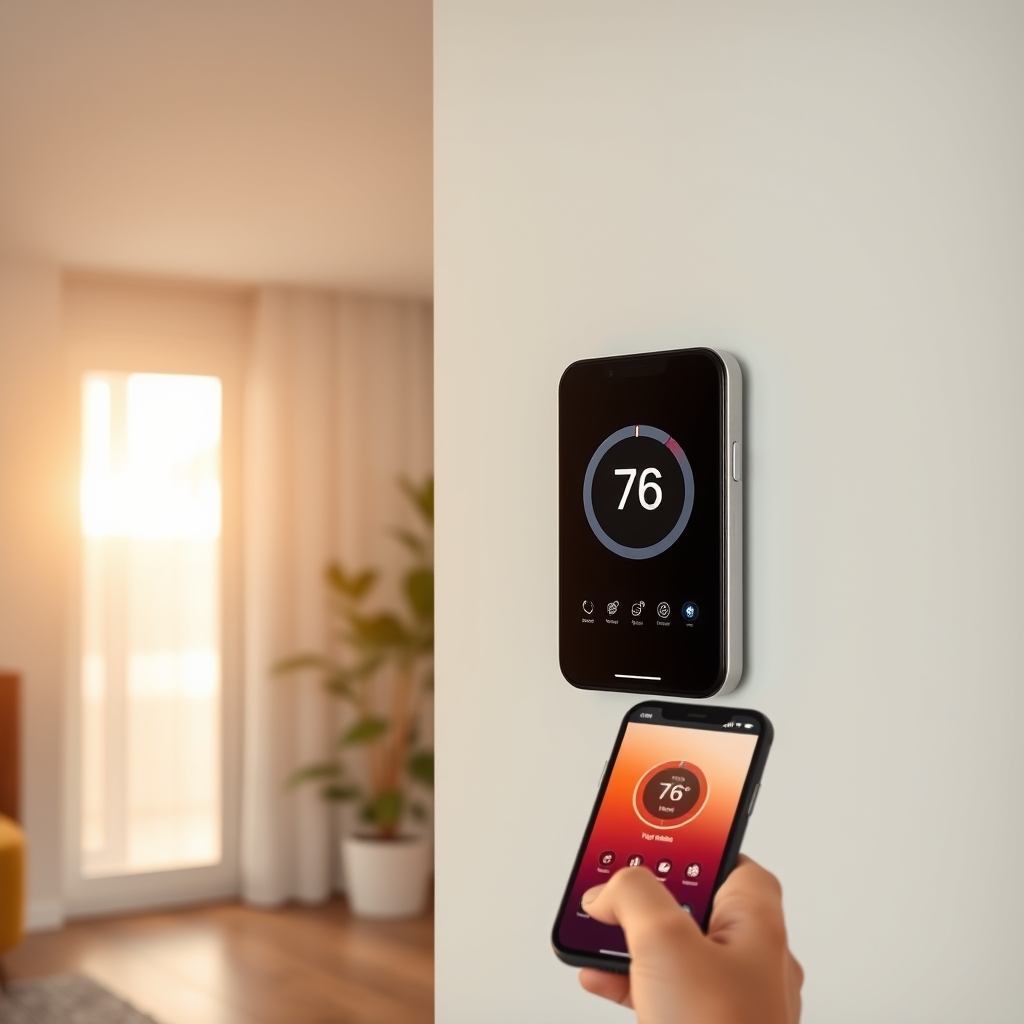 learning thermostat — Digital smart thermostat on wall with smartphone app visible, representing energy savings technology.