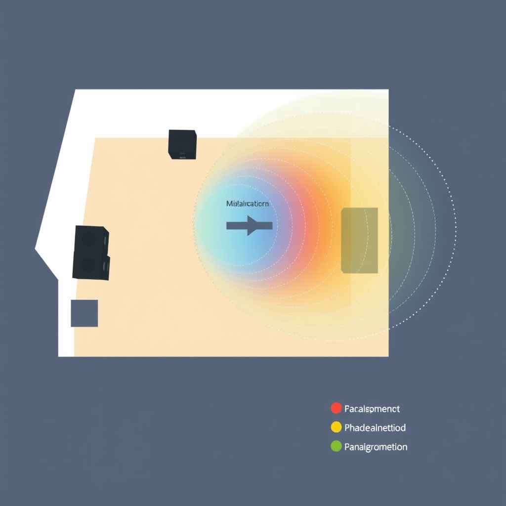 LFE management — Room layout diagram showing sound wave propagation from subwoofer and phase interference patterns.
