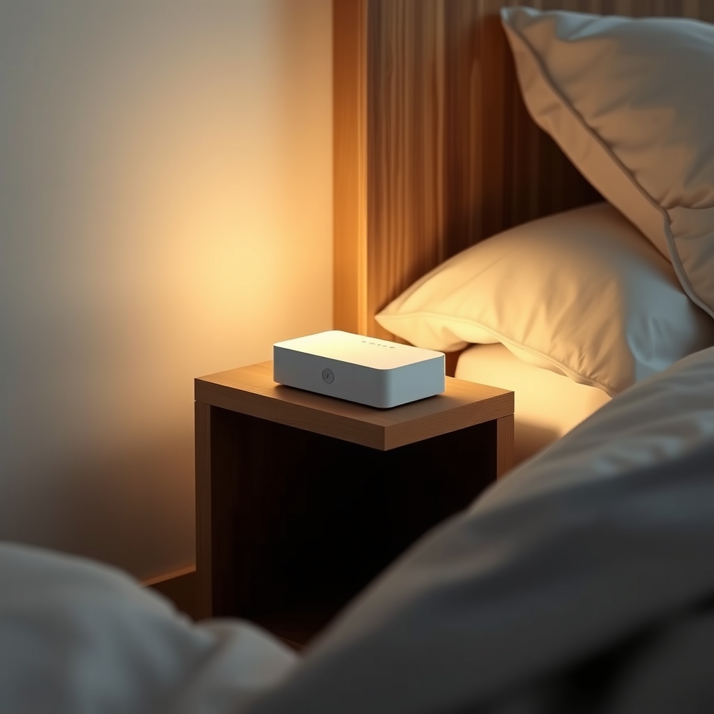 Loftie vs Sleep Cycle — Loftie acoustic bedside device positioned on a nightstand above a bed.