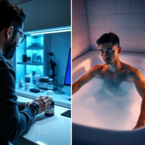 longevity products — Split-screen showing biohacking tools and cold plunge therapy in modern home wellness setup
