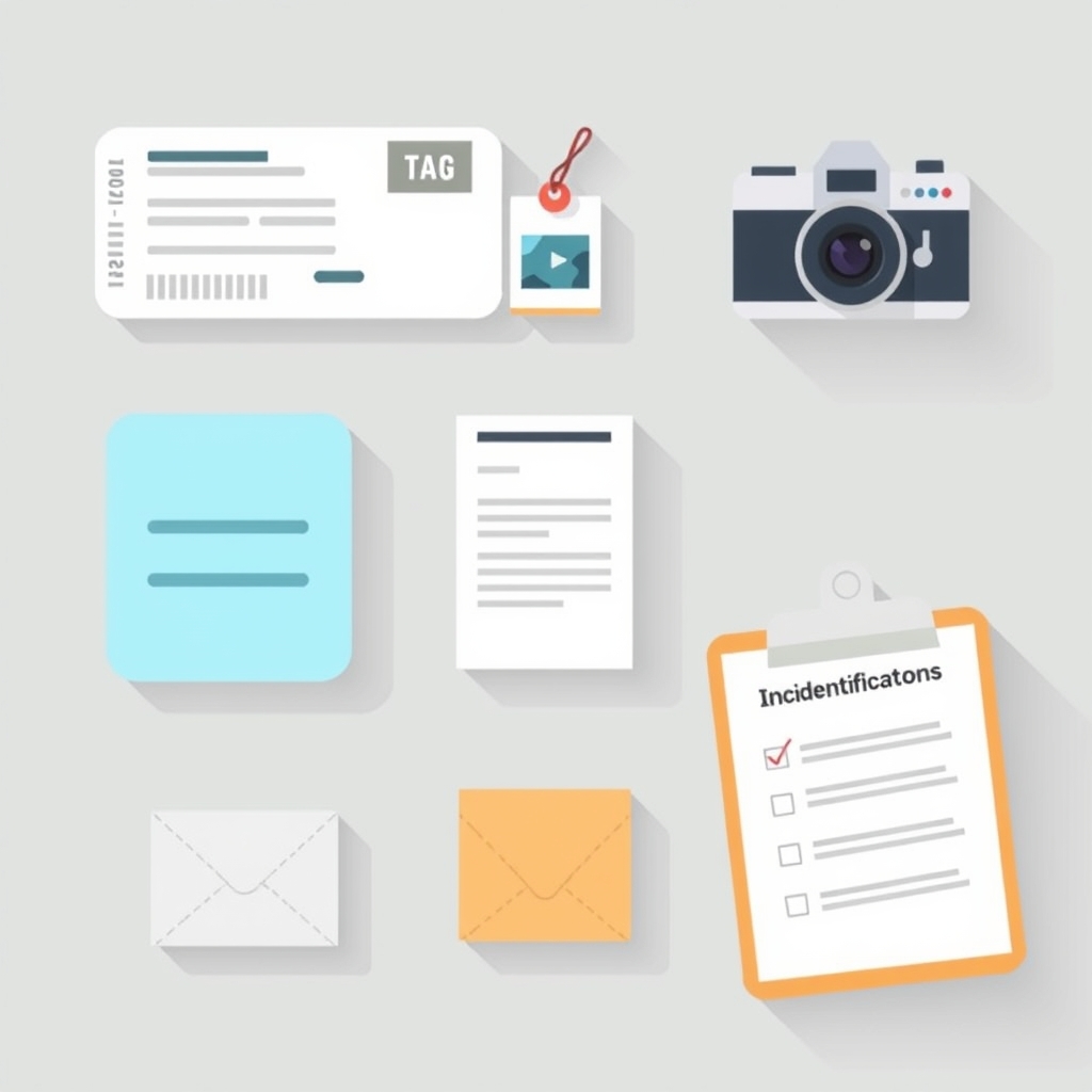 lost luggage compensation — Checklist icon showing seven required documents: boarding pass, baggage tag, photos, receipts, value proof, emails, and incident report number.