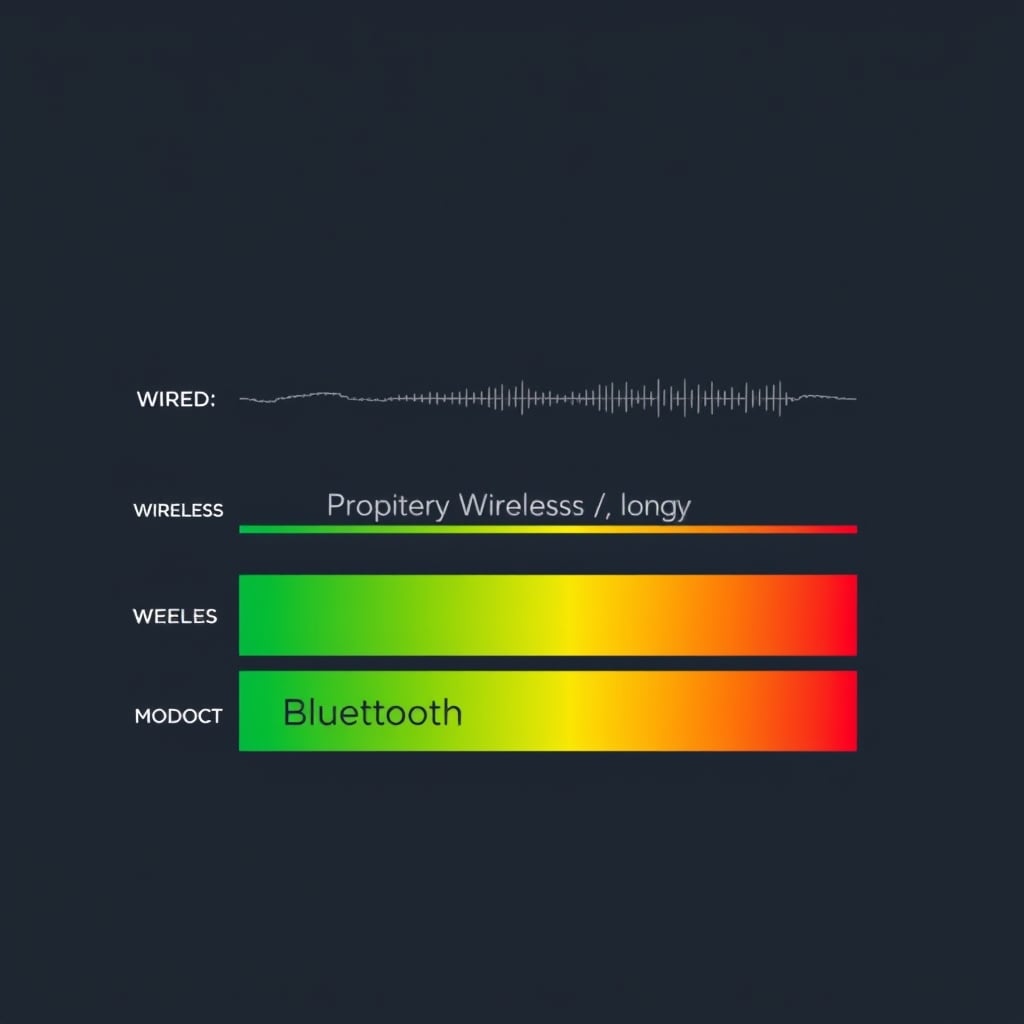 low latency speakers — Three horizontal waveform paths showing relative latency levels for wired, proprietary wireless, and Bluetooth connections.