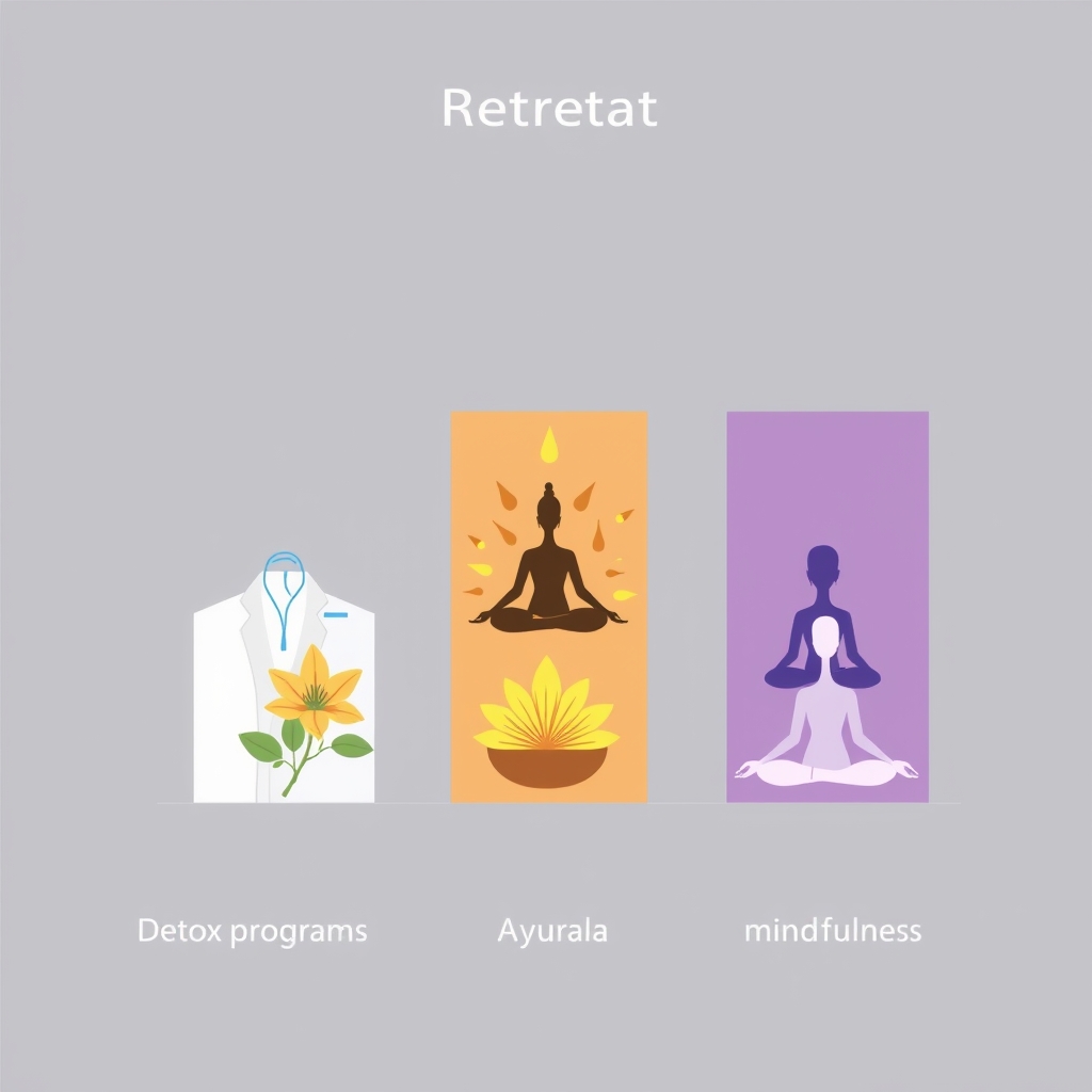luxury wellness resorts — Three vertical bar chart columns representing detox, Ayurveda, and mindfulness retreat segments with distinct color palettes reflecting their market positioning.