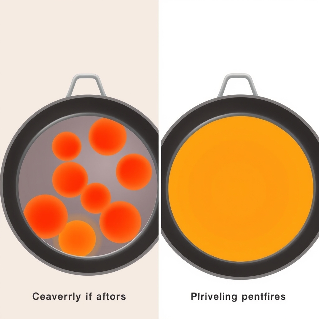 Made In cookware review — Heat distribution comparison: uneven hotspots versus even heat distribution across pan surface.