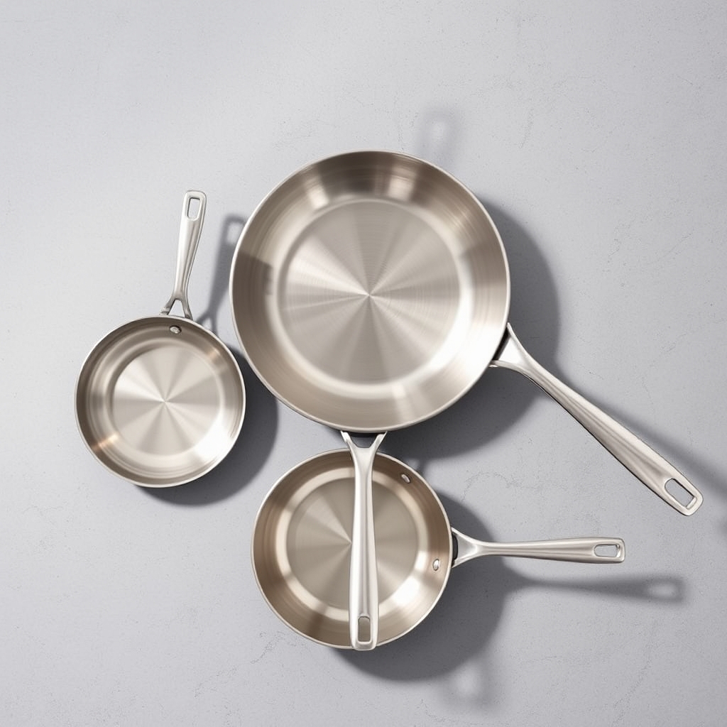 Made In stainless steel — Three skillets arranged to show size, weight, and handle design differences.