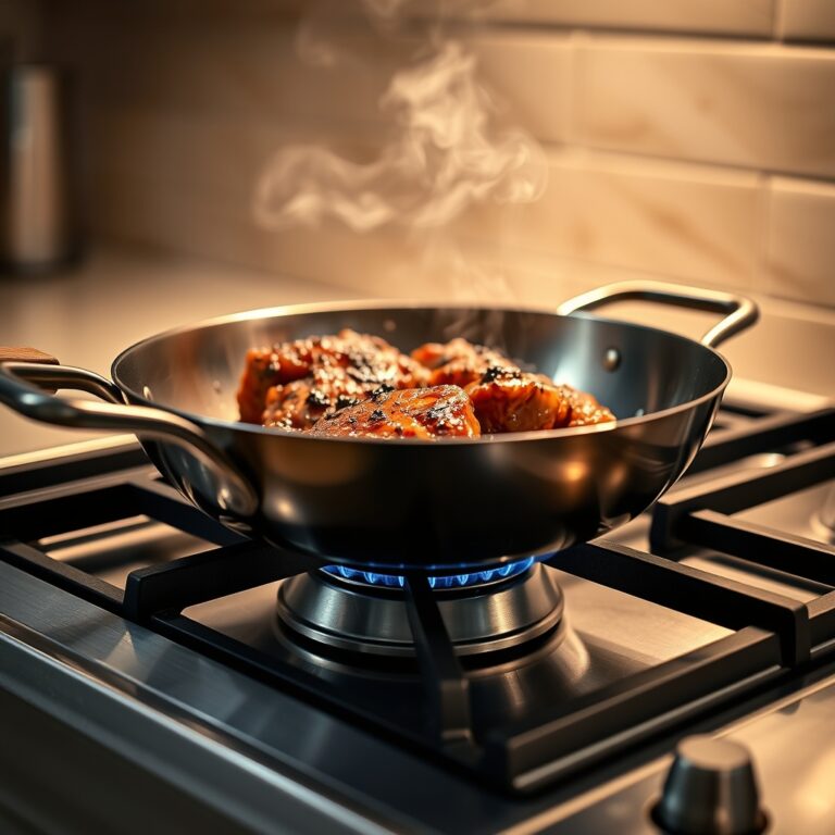 Made In vs All-Clad — Stainless steel skillet searing meat on a gas stovetop with steam rising.